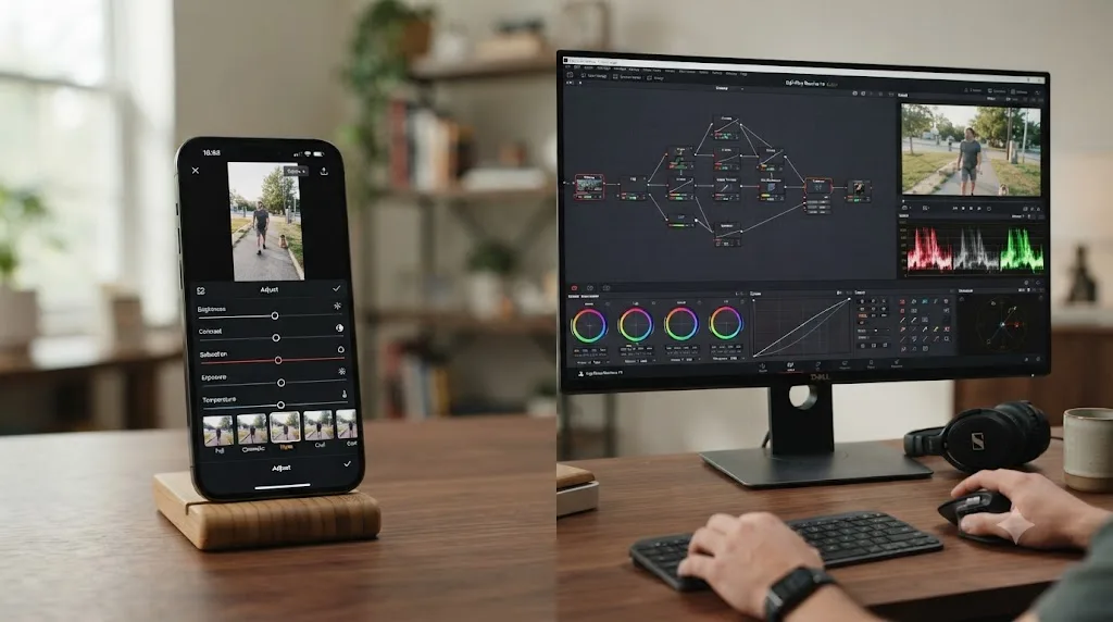 Illustration comparing CapCut's color slider panel to DaVinci Resolve's node based Color page