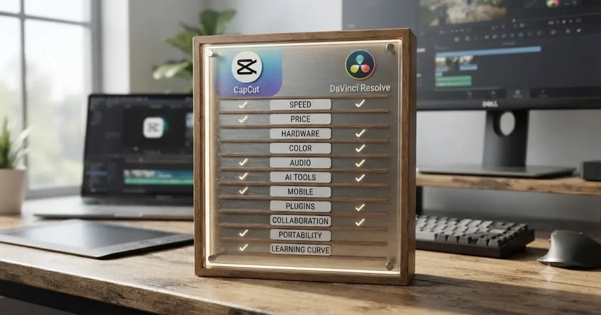 Illustration of a CapCut phone timeline next to a DaVinci Resolve desktop color grading workspace