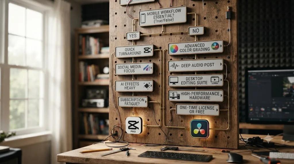 Illustration of a decision flowchart branching toward CapCut or DaVinci Resolve based on specific project needs