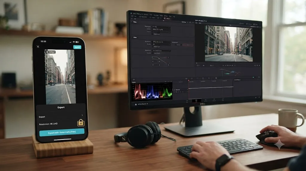 Illustration comparing a watermarked CapCut 4K export lock to DaVinci Resolve's unrestricted free Ultra HD export
