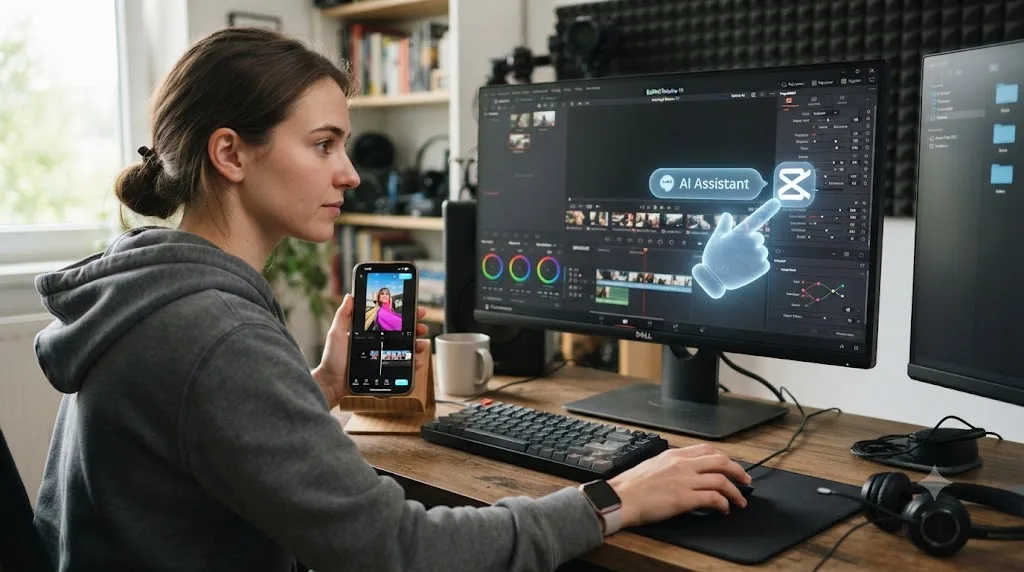 Illustration of a person switching from CapCut to DaVinci Resolve with an assistant pointing at a control on screen