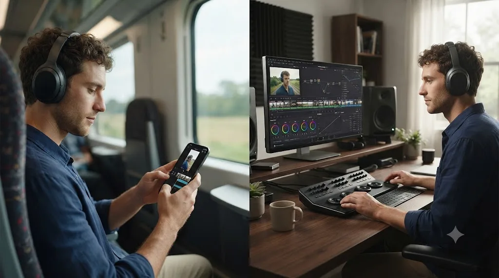 Illustration comparing CapCut's mobile phone editing workflow to DaVinci Resolve's desktop editing workflow