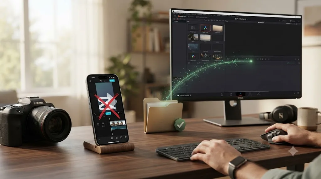 Illustration showing a blocked CapCut project export next to raw footage files flowing successfully into DaVinci Resolve