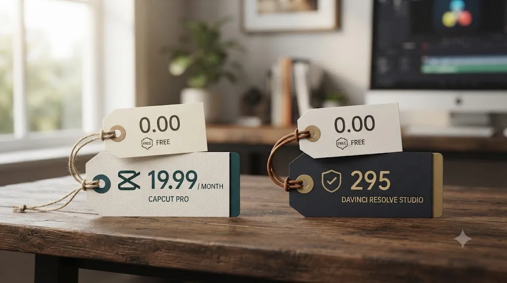 Illustration comparing CapCut's recurring subscription cost to DaVinci Resolve's one-time Studio payment and free tier