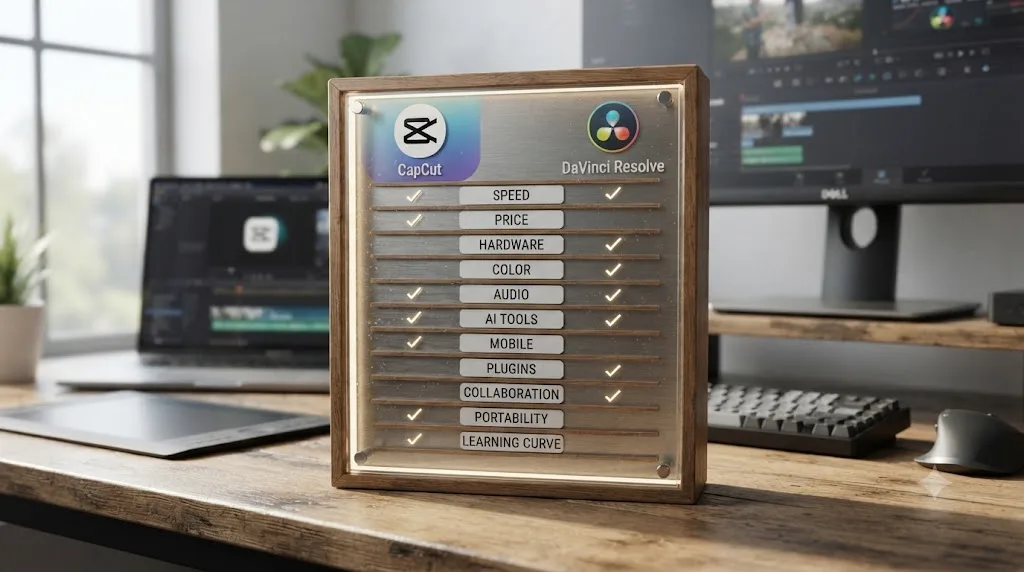 Illustration of a scoreboard comparing CapCut and DaVinci Resolve across twelve categories