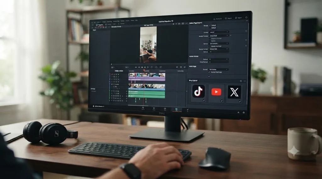 Illustration of a DaVinci Resolve vertical timeline with a direct upload panel for TikTok, YouTube, and X