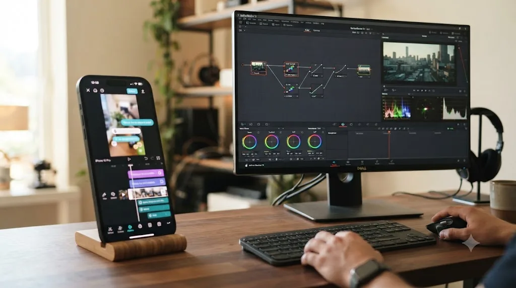 Illustration contrasting a CapCut phone editing interface with a DaVinci Resolve desktop node graph