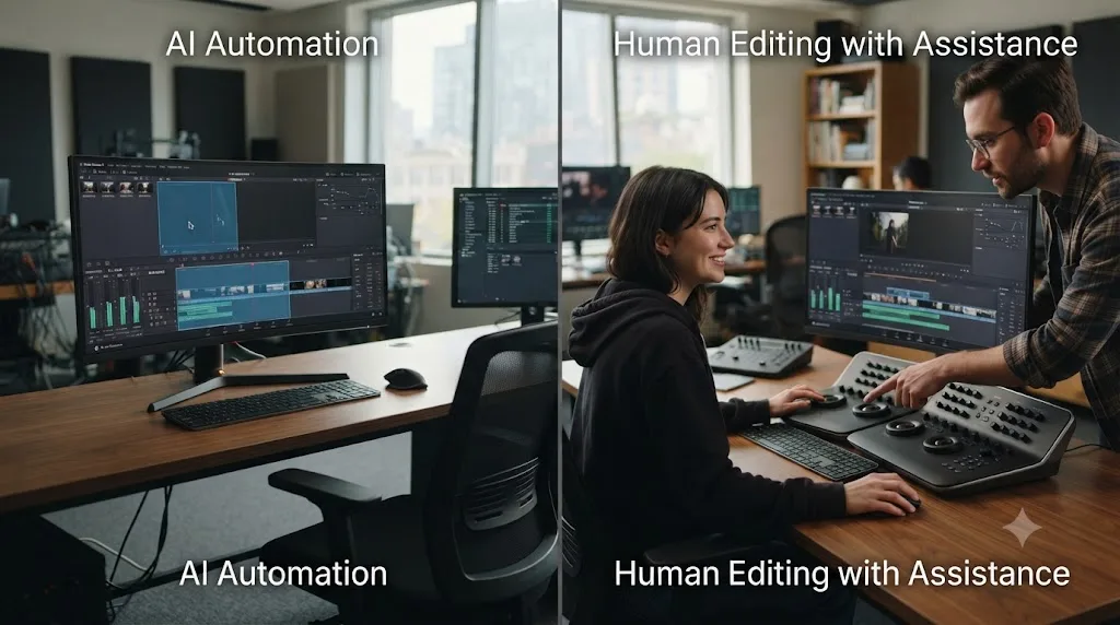 Illustration contrasting an automated AI editing tool cutting a timeline alone with an assistant pointing at a control while a person edits