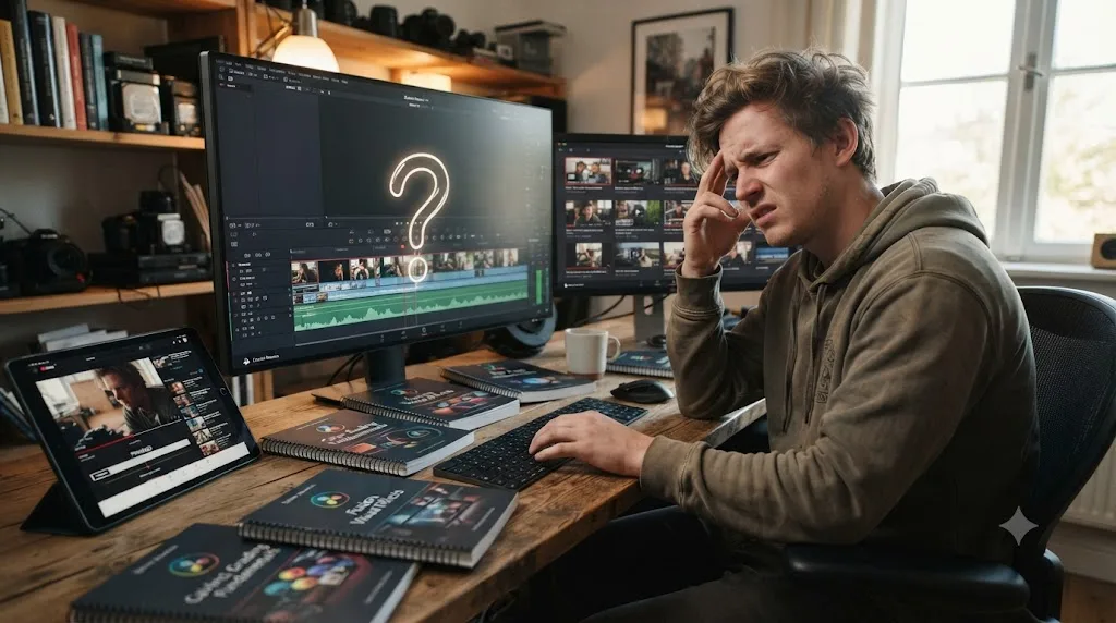 Illustration of a person stuck at a stalled point in a DaVinci Resolve timeline surrounded by finished but uncorrected free tutorials