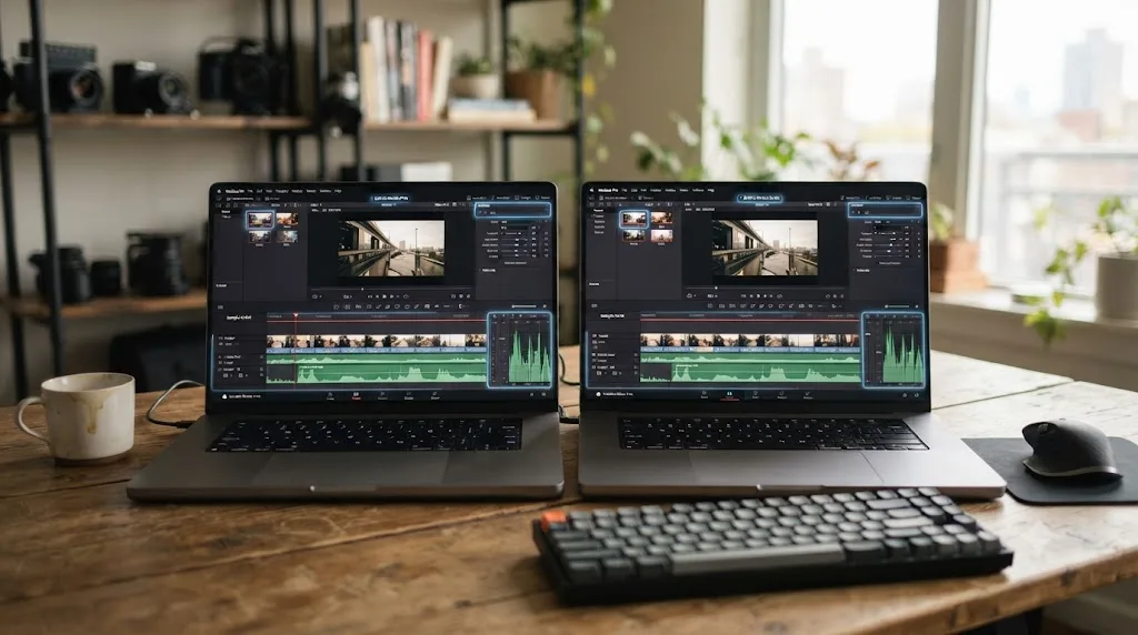 Illustration of a side-by-side comparison showing DaVinci Resolve's free and Studio editions with matching core editing tools highlighted