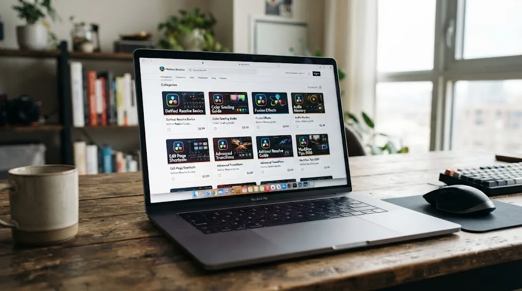 Illustration of a small digital marketplace storefront displaying several inexpensive DaVinci Resolve guide thumbnails