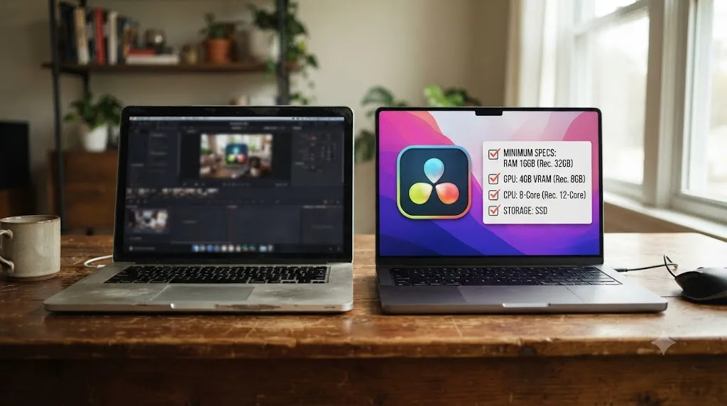 Illustration of an older laptop next to a newer laptop with a DaVinci Resolve icon and a checklist of minimum hardware specs