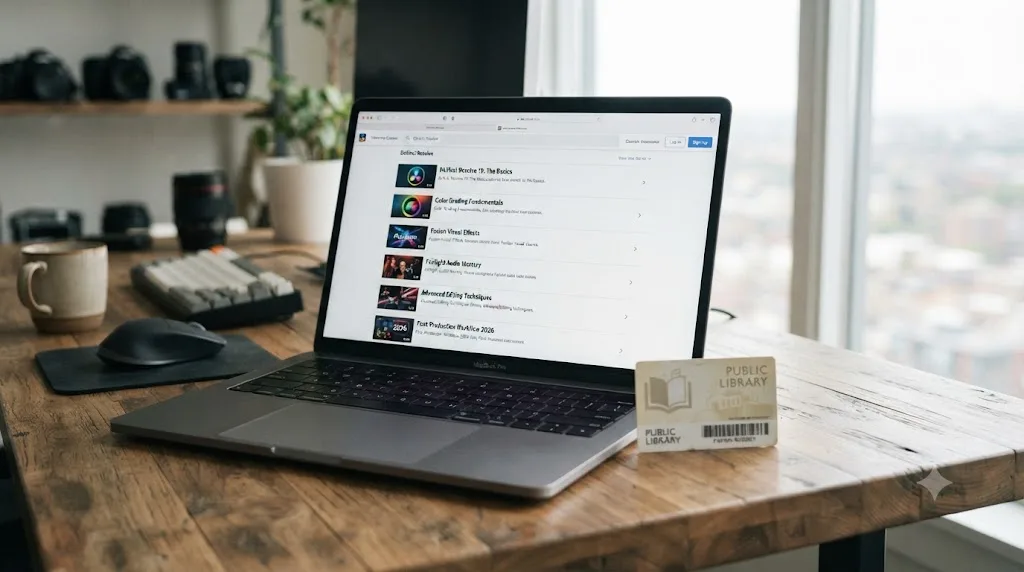 Illustration of a public library card next to a laptop screen showing an online video course catalog
