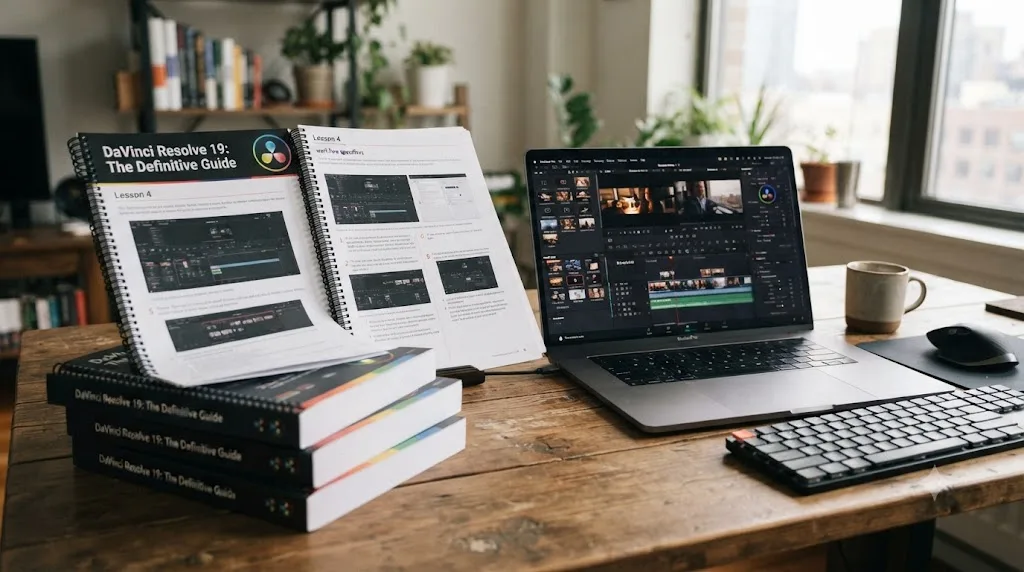 Illustration of a stack of official training guide books open next to a laptop running DaVinci Resolve with lesson files loaded