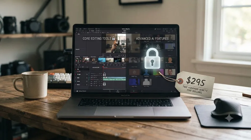 Illustration of a price tag next to a locked padlock over advanced AI features, with core DaVinci Resolve editing tools shown unlocked and free