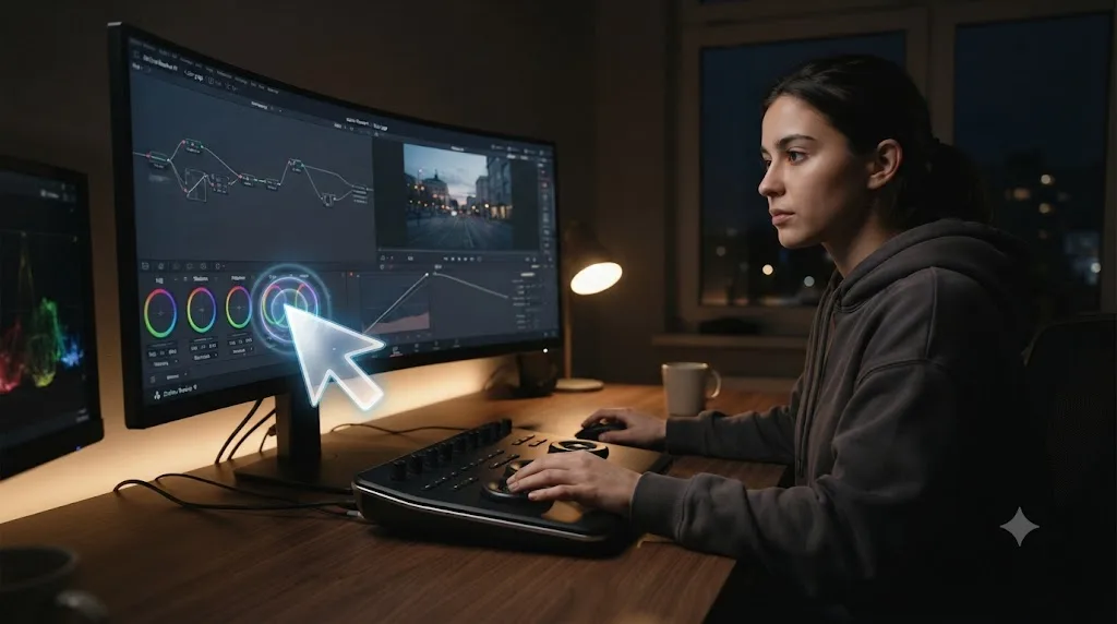 Illustration of an assistant overlay pointing at a control inside DaVinci Resolve's Color page while a person edits their own footage late at night