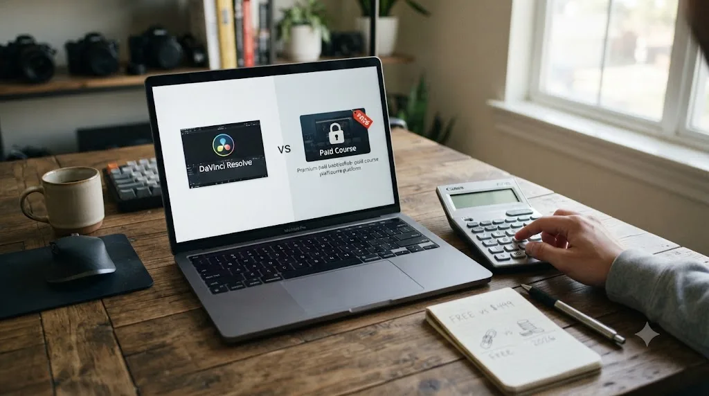 Illustration of a calculator on a desk beside a laptop comparing a free tutorial path against a paid course subscription cost