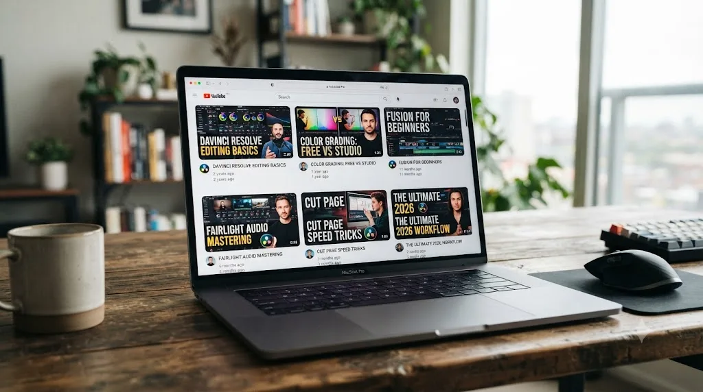 Illustration of a laptop screen showing several DaVinci Resolve tutorial video thumbnails from different creators and upload dates