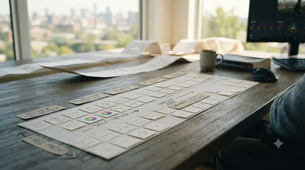 Illustration of a calendar showing a longer stretched-out timeline representing a fully free, self-paced DaVinci Resolve learning path