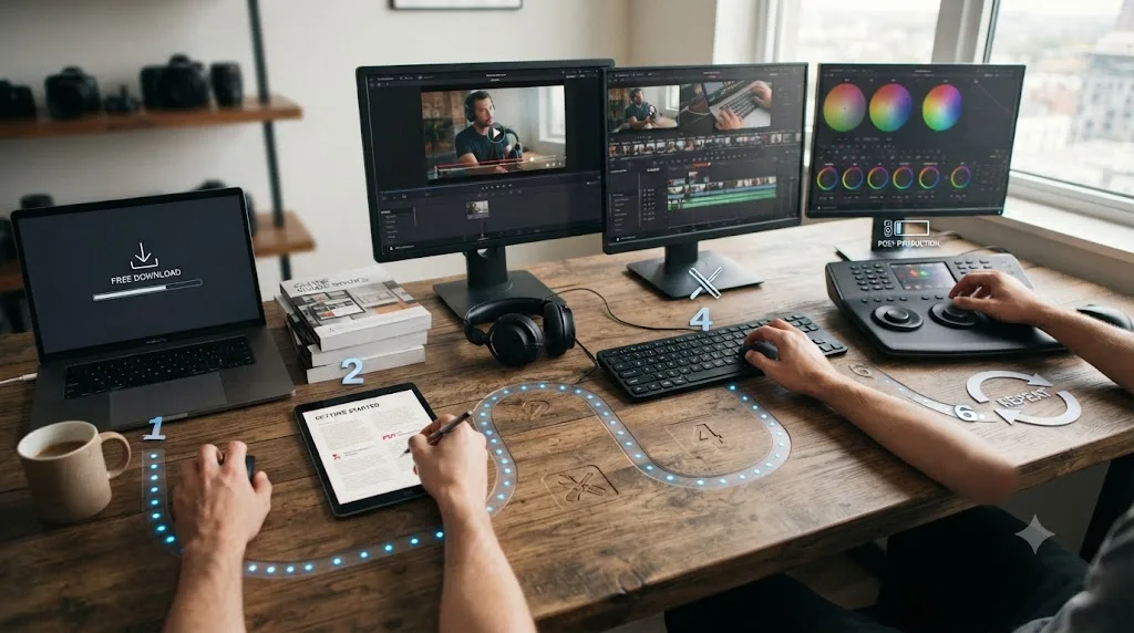 Illustration of a six-step numbered path showing a free DaVinci Resolve learning sequence from download to repeat