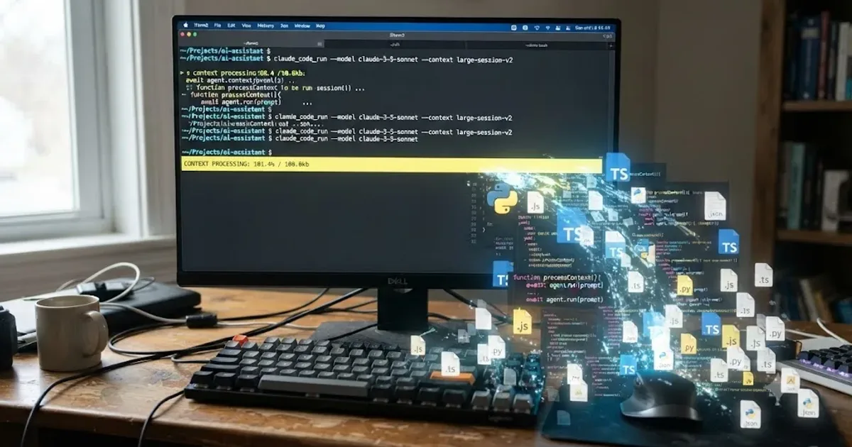 Illustration of a terminal window with a progress bar overflowing with code snippets and file icons spilling out