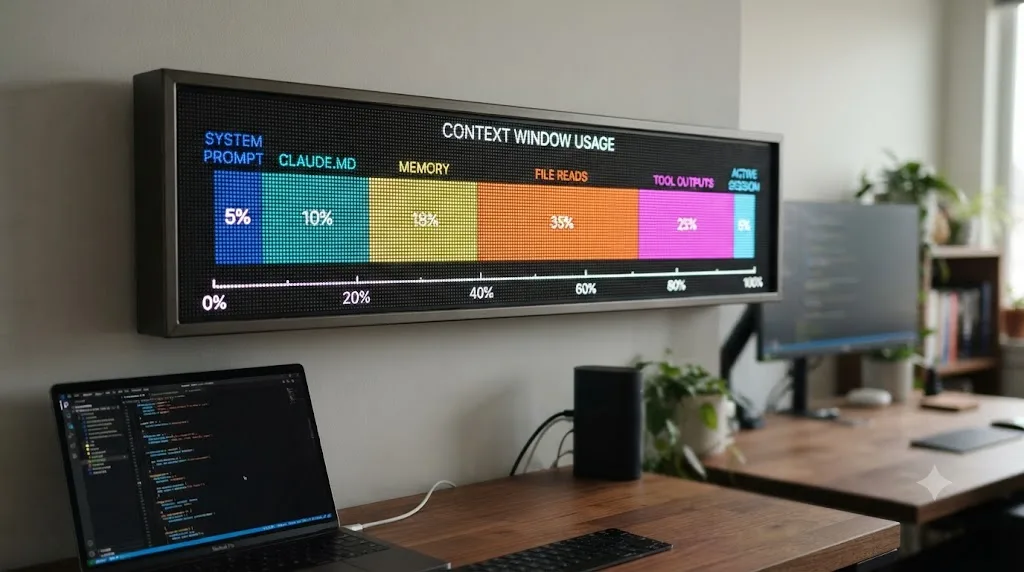 Illustration of a stacked bar chart showing how a Claude Code context window fills in layers from startup content through file reads