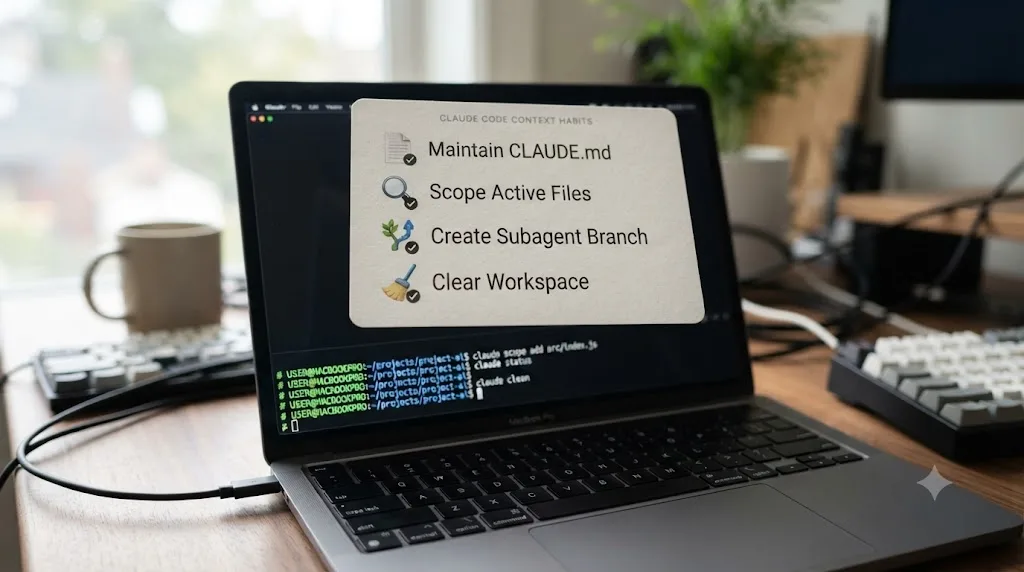Illustration of a checklist of proactive context management habits floating above a Claude Code terminal
