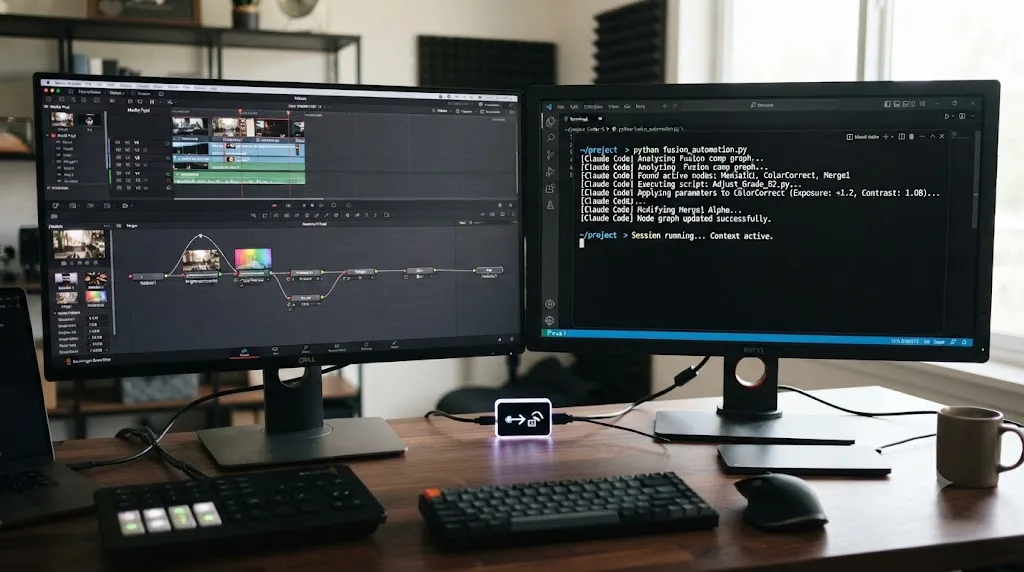 Illustration of a split screen showing a DaVinci Resolve timeline connected to a Claude Code terminal running an automation script