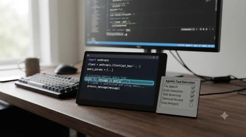 Illustration of a terminal window running an async query loop next to a checklist of tools being executed automatically