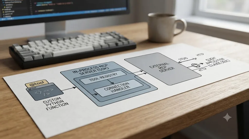 Illustration of a custom tool wrapped in an in-process MCP server next to an external MCP server connected over stdio or HTTP