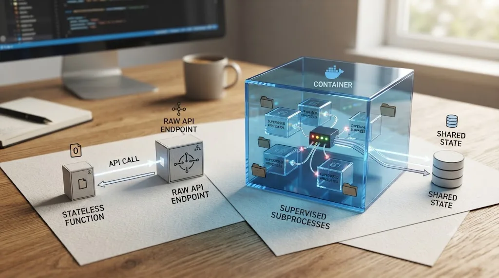 Illustration of a stateless function calling the raw API next to a container running multiple supervised agent subprocesses