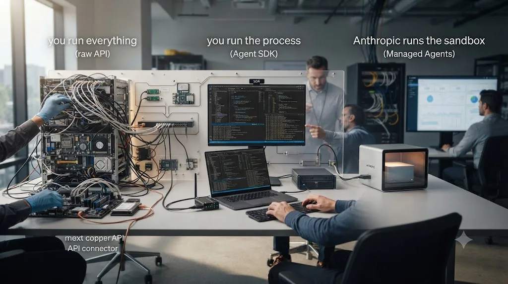 Illustration of an infrastructure spectrum from raw API through Agent SDK to Managed Agents