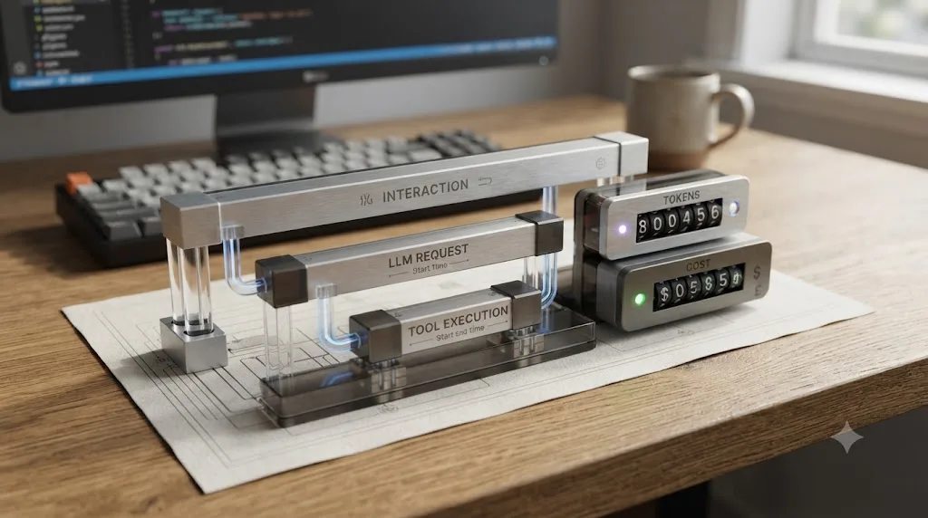 Illustration of an OpenTelemetry trace waterfall with nested agent spans next to token and cost metric counters