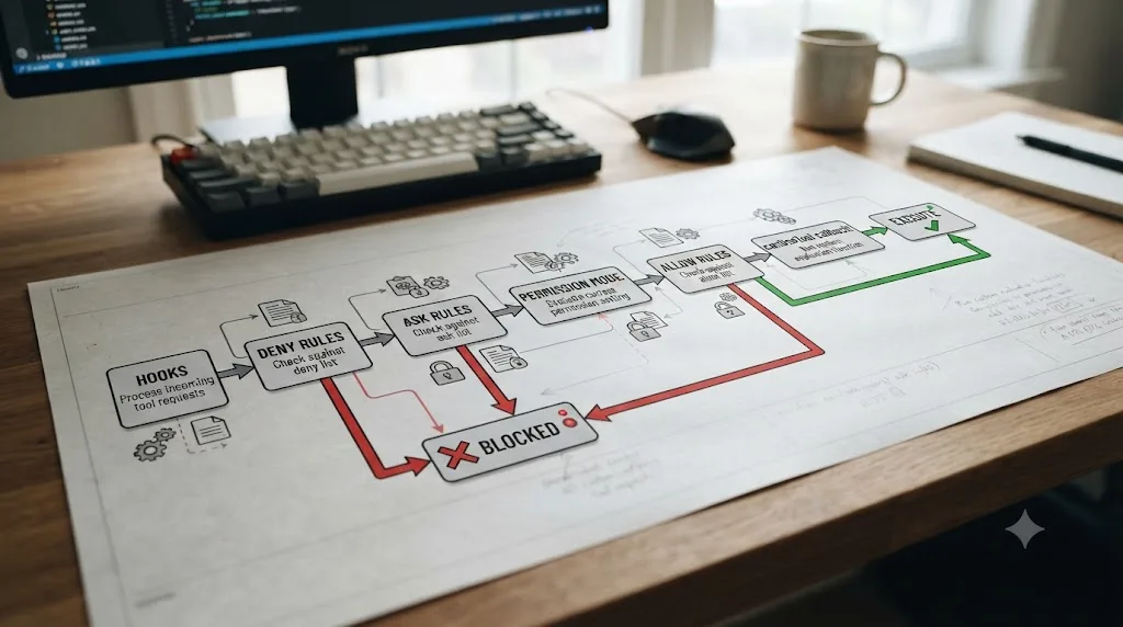 Illustration of a six-step permission evaluation flowchart for the Claude Agent SDK