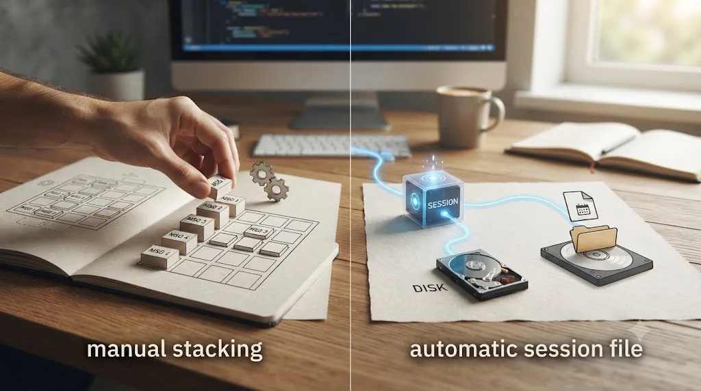 Illustration of a developer manually stacking messages into an array next to an automatic session file being saved