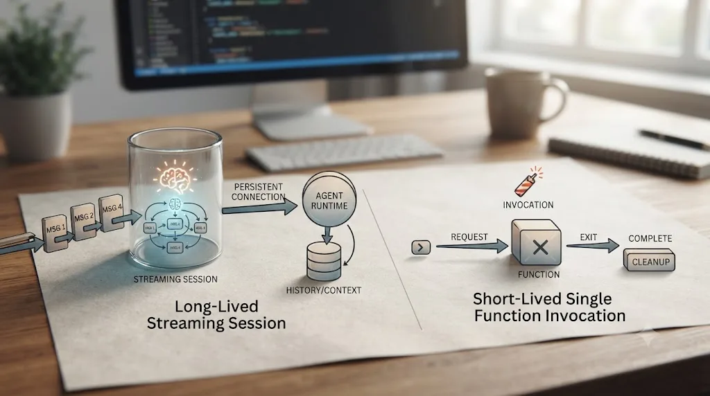 Illustration comparing a long-lived streaming agent session to a short-lived single message function invocation