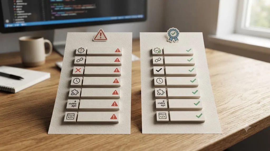 Illustration of a migration checklist showing common pitfalls next to a resolved checklist