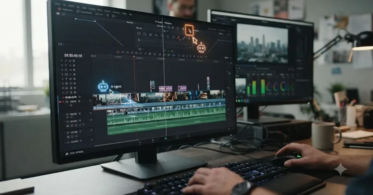 Illustration of a DaVinci Resolve timeline with an AI agent moving a clip on one side and an AI tutor pointing at a control on the other