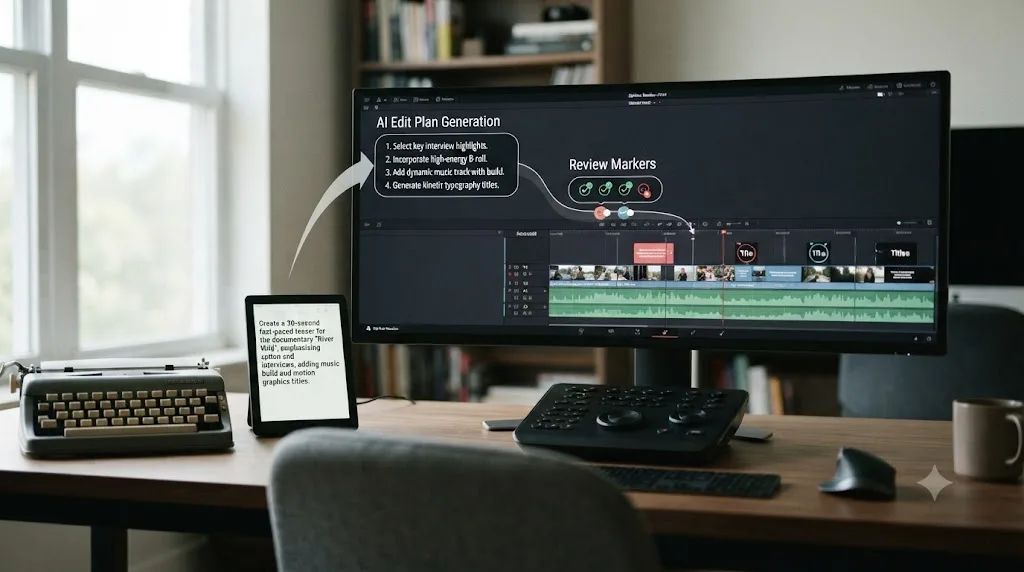 Illustration of a step-by-step flow from a typed instruction to a reviewed edit plan on a DaVinci Resolve timeline