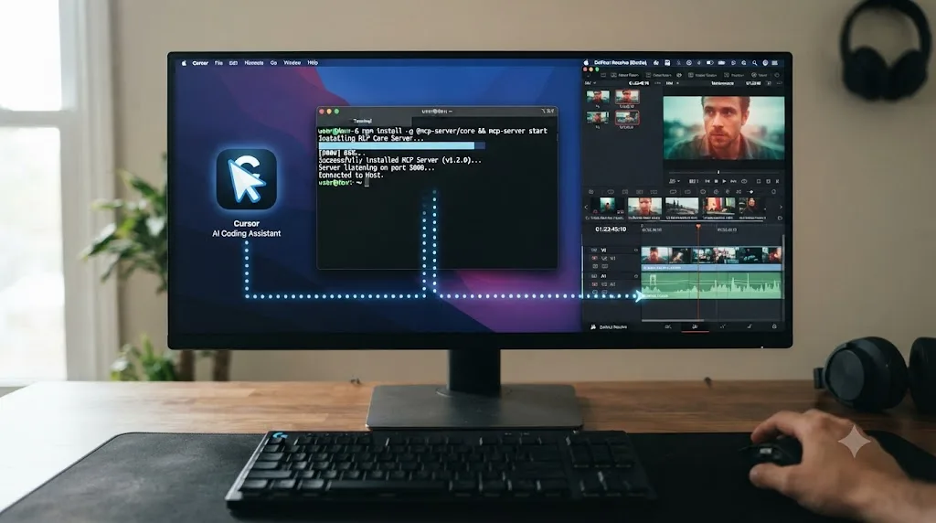 Illustration of a terminal window installing an open-source MCP server that connects an AI coding assistant to a DaVinci Resolve timeline