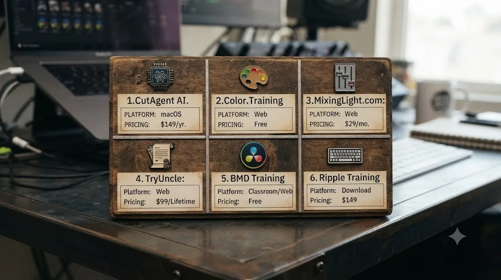 Illustration of a comparison grid of six AI and non-AI DaVinci Resolve tool icons with platform and pricing details beneath each
