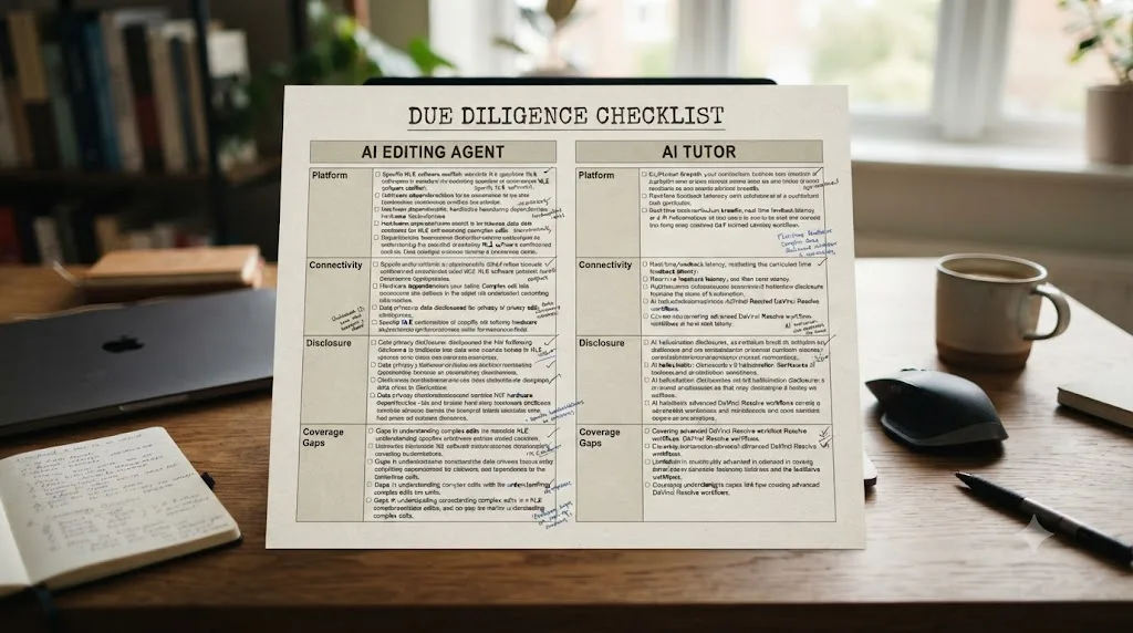 Illustration of a side-by-side due-diligence checklist comparing disclosed limitations for an AI editing agent and an AI tutor