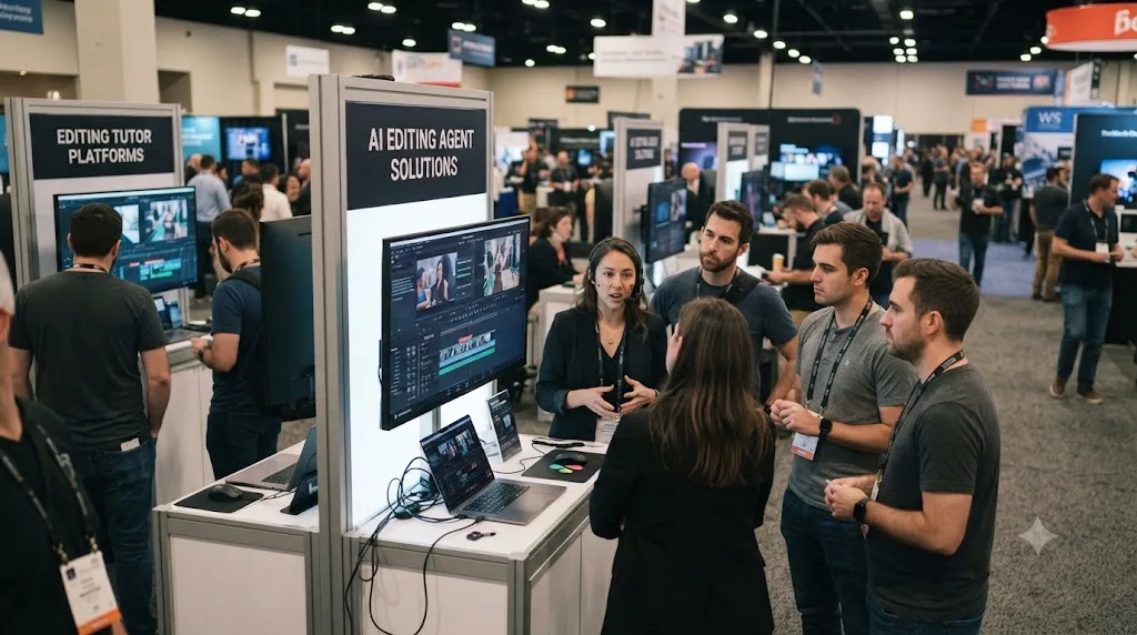 Illustration of a trade show floor with AI editing agent booths and editors watching live demos