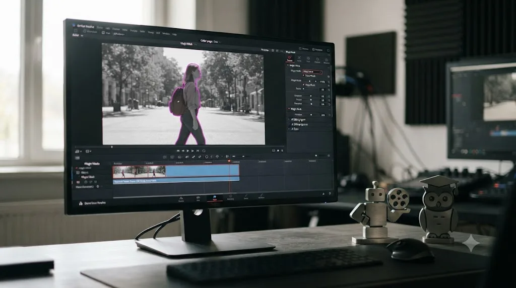 Illustration of DaVinci Resolve's built-in Magic Mask feature positioned separately from an AI editing agent icon and an AI tutor icon