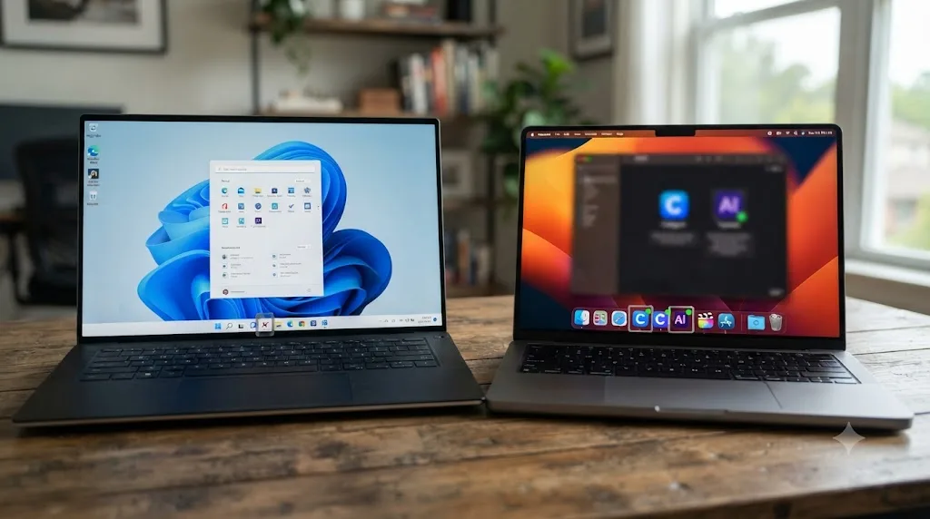 Illustration of a disabled AI tool icon on a Windows PC next to two active AI tool icons running on a MacBook