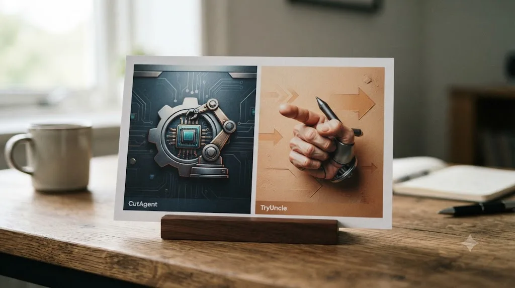 Illustration of a two-column comparison card contrasting an automation icon with a pointing hand icon
