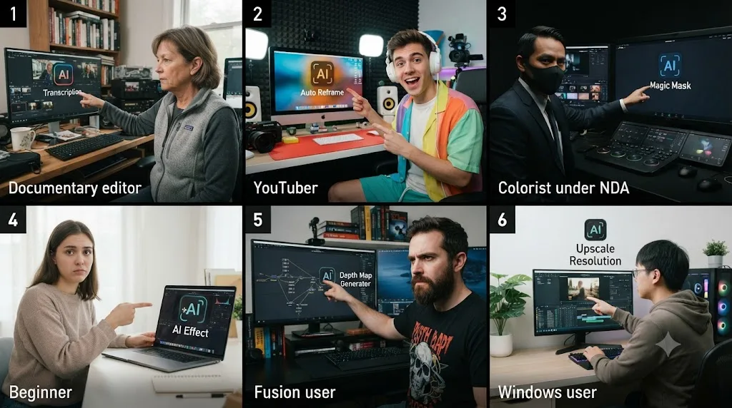 Illustration of six numbered vignettes showing different DaVinci Resolve editor situations pointing toward different AI tool icons