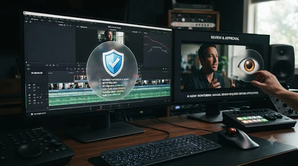 Illustration of a shield gating AI-proposed timeline changes next to an icon of an eye watching a screen without touching it