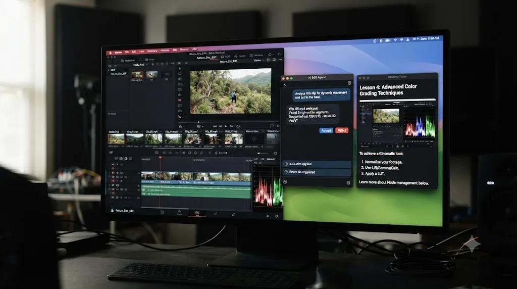 Illustration of two separate AI app windows running alongside the same open DaVinci Resolve project
