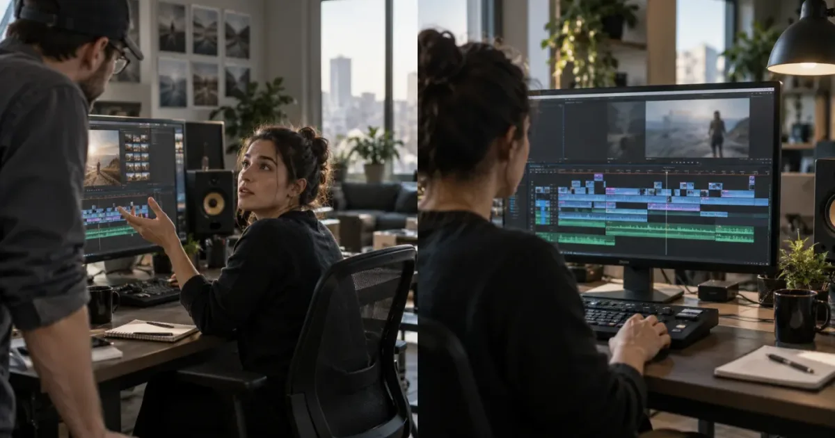 Illustration of an editor choosing between DaVinci Resolve assistants